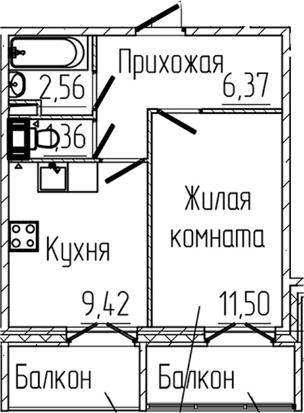 1-комнатная квартира 33.22 м², 2/8 эт., ЖК «SERTOLOVO PARK»